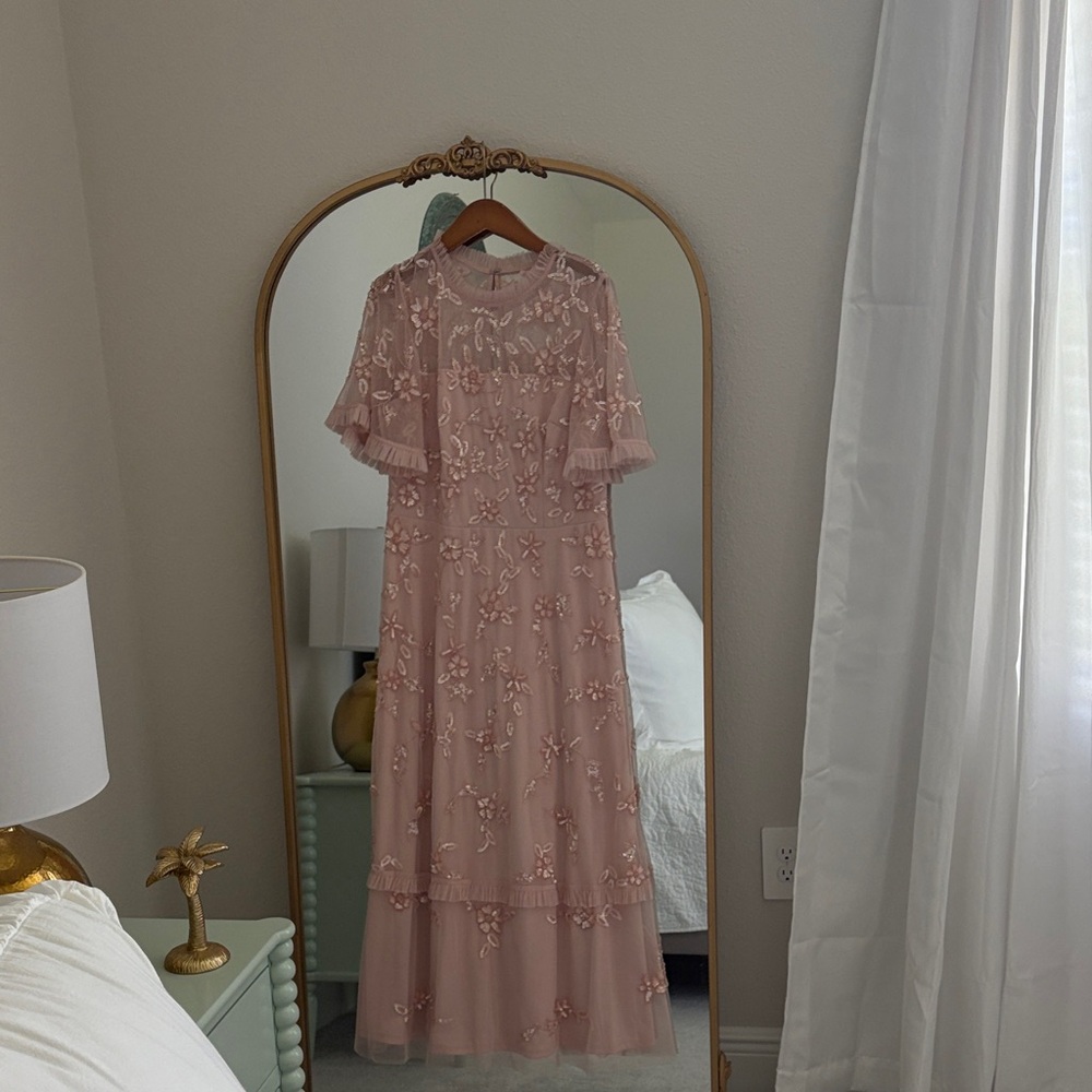 Blush Pink Embroidered Midi Dress with Ruffle Sleeves